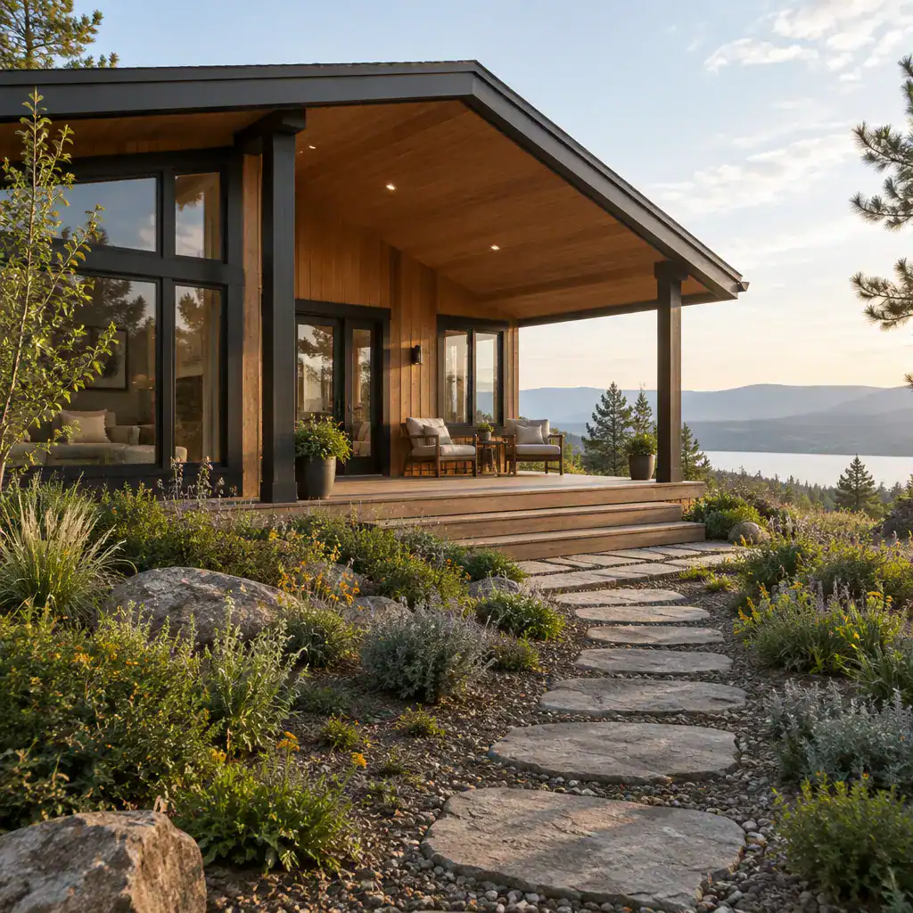Contemporary Cabin Porch Integrated With The Surrounding Natural Landscape
