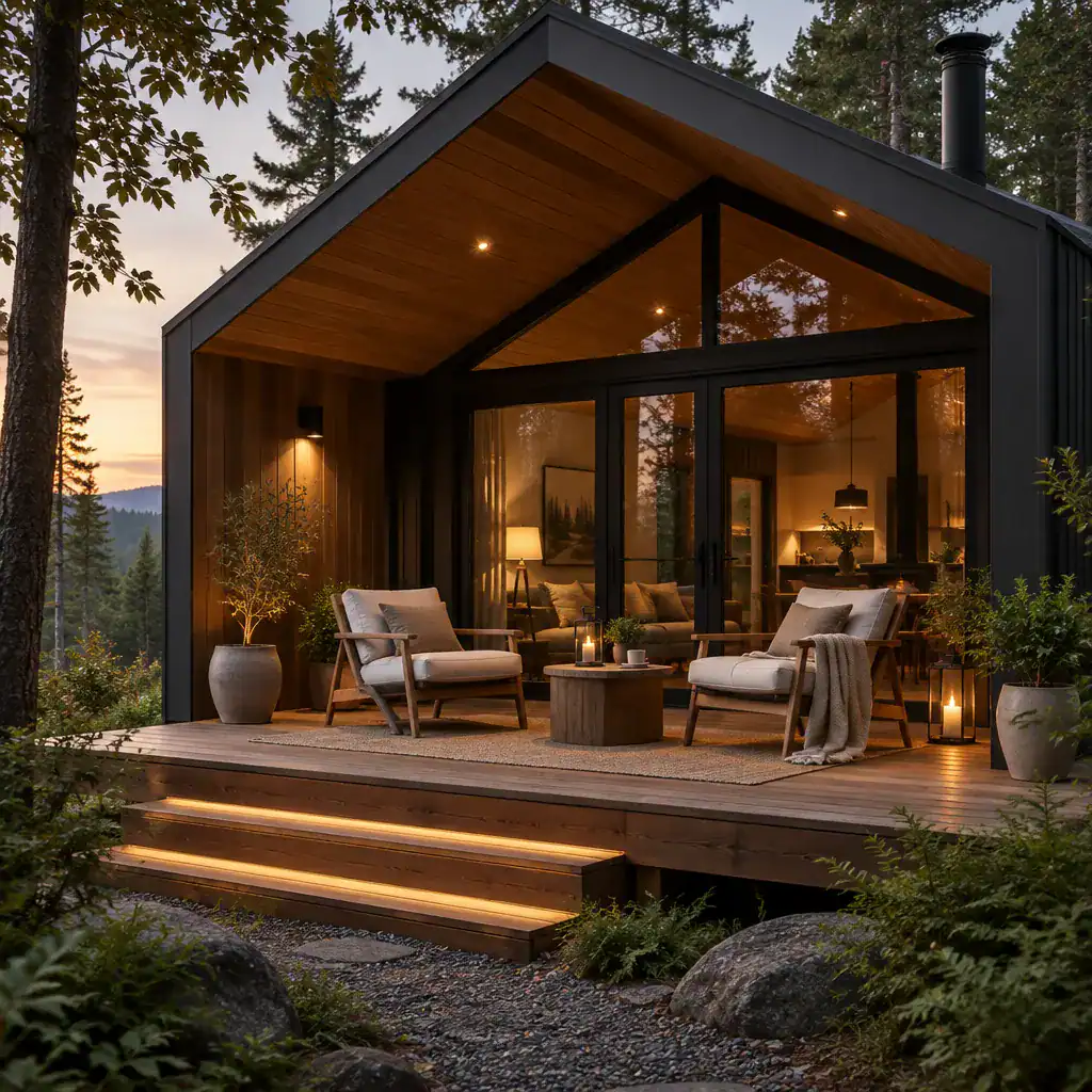 Contemporary Cabin Porch With Modern Furniture And Warm Layered Lighting