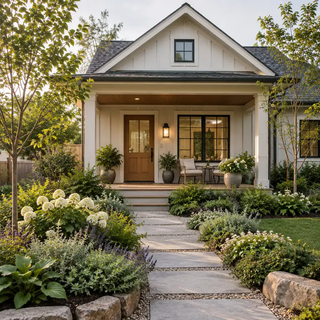 Contemporary Cottage Porch Connected To A Landscaped Garden Path