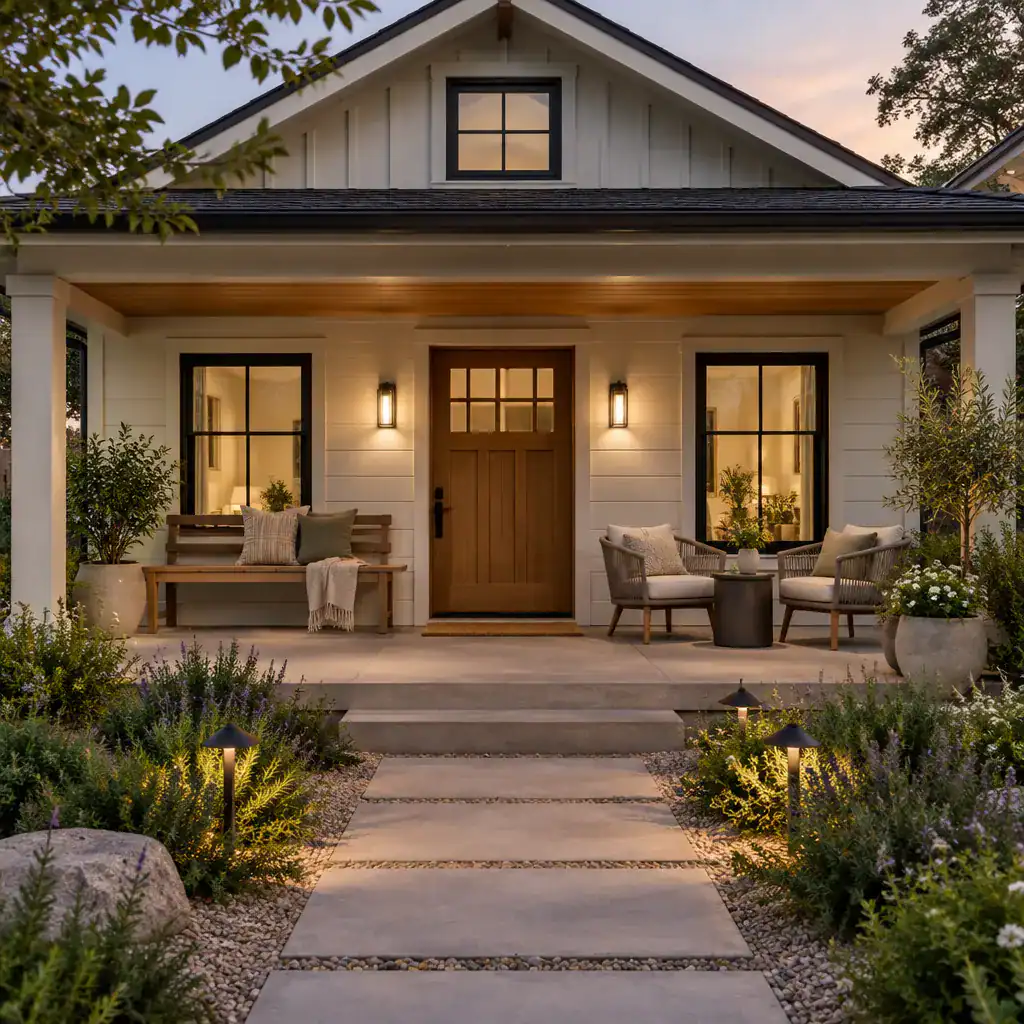 Contemporary Cottage Porch With Lighting And Simple Outdoor Seating