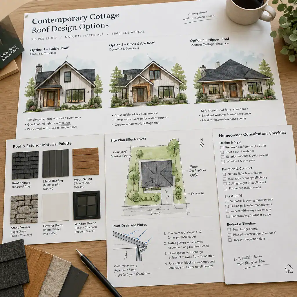 Contemporary Cottage Roof Design Comparison With Material Samples And Planning Checklist