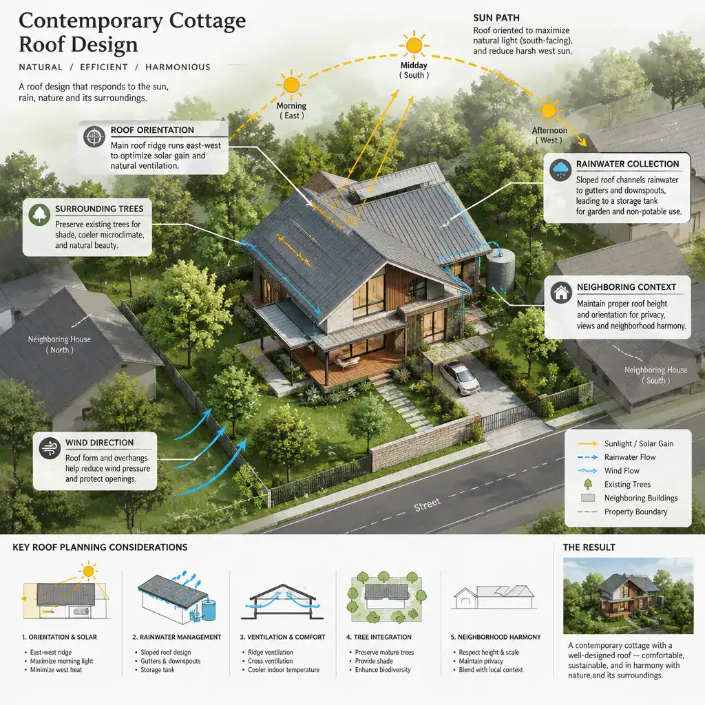 Contemporary Cottage Roof Planning Diagram Showing Site Context, Sun, And Rainwater Flow