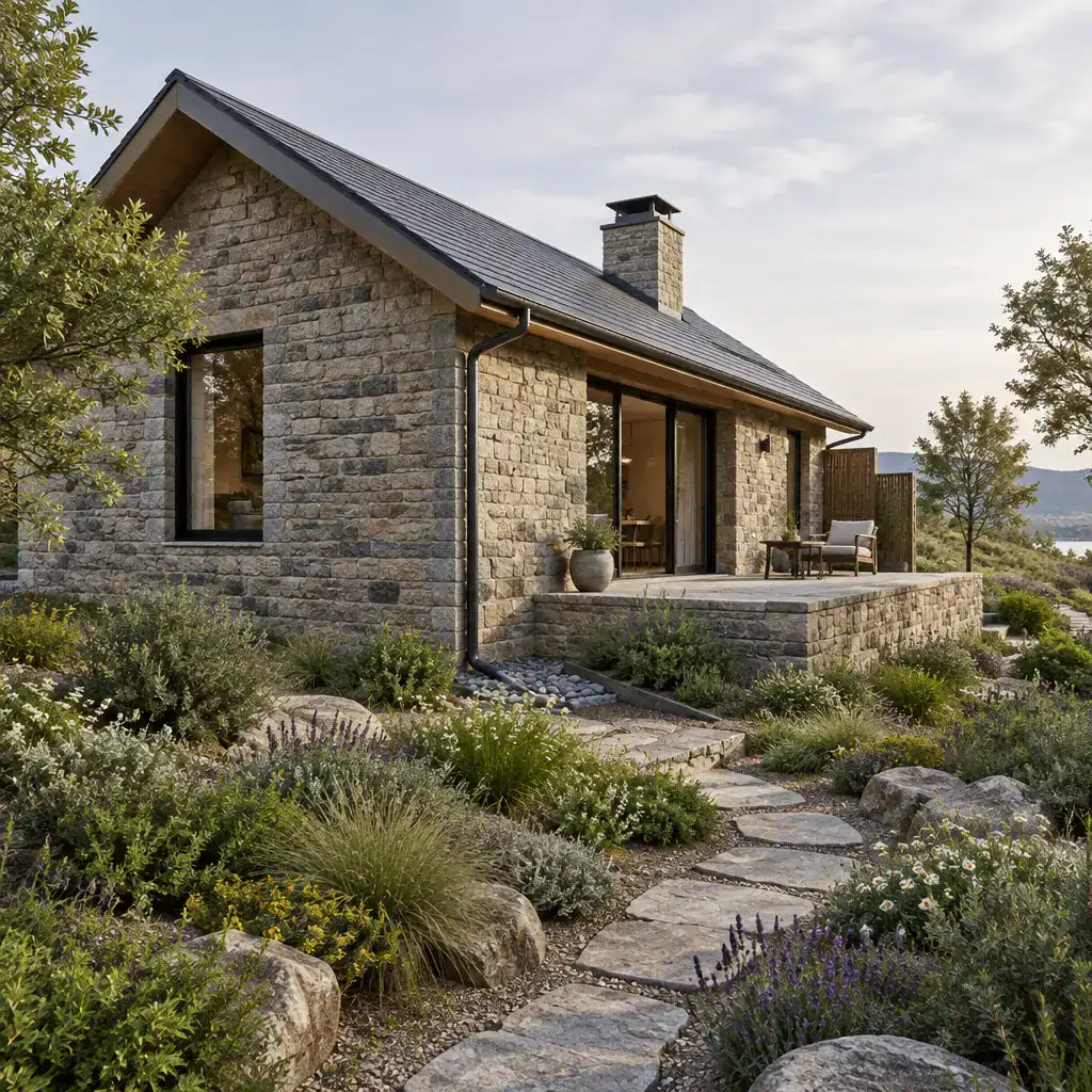 Contemporary Stone Cottage With Integrated Terrace, Paths, And Landscaping
