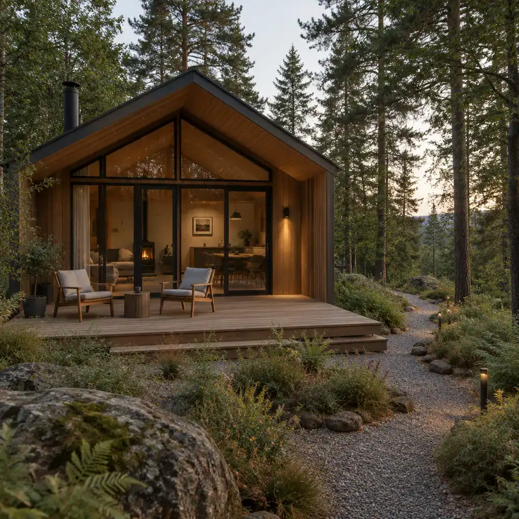 Contemporary Wood Cabin With A Simple Deck Blending Into The Landscape