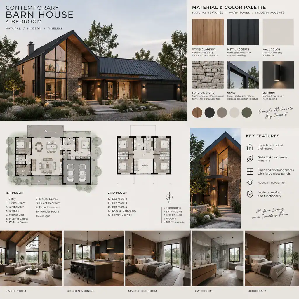 Contemporary barn house material and color palette