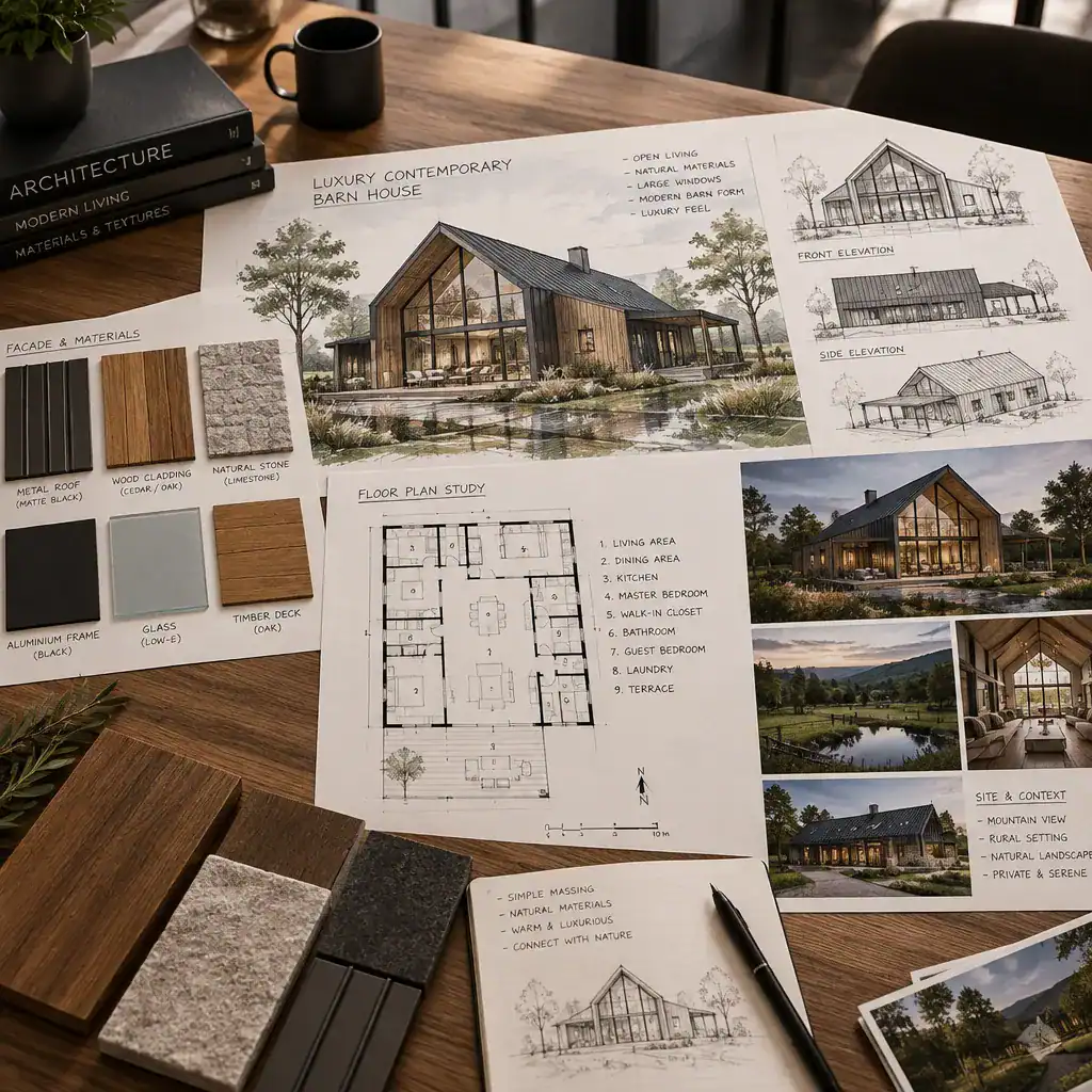 Contemporary barn house planning workspace with sketches, floor plans, and material samples