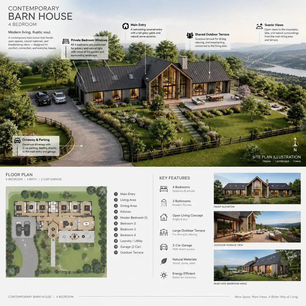 Contemporary four-bedroom barn house site planning concept