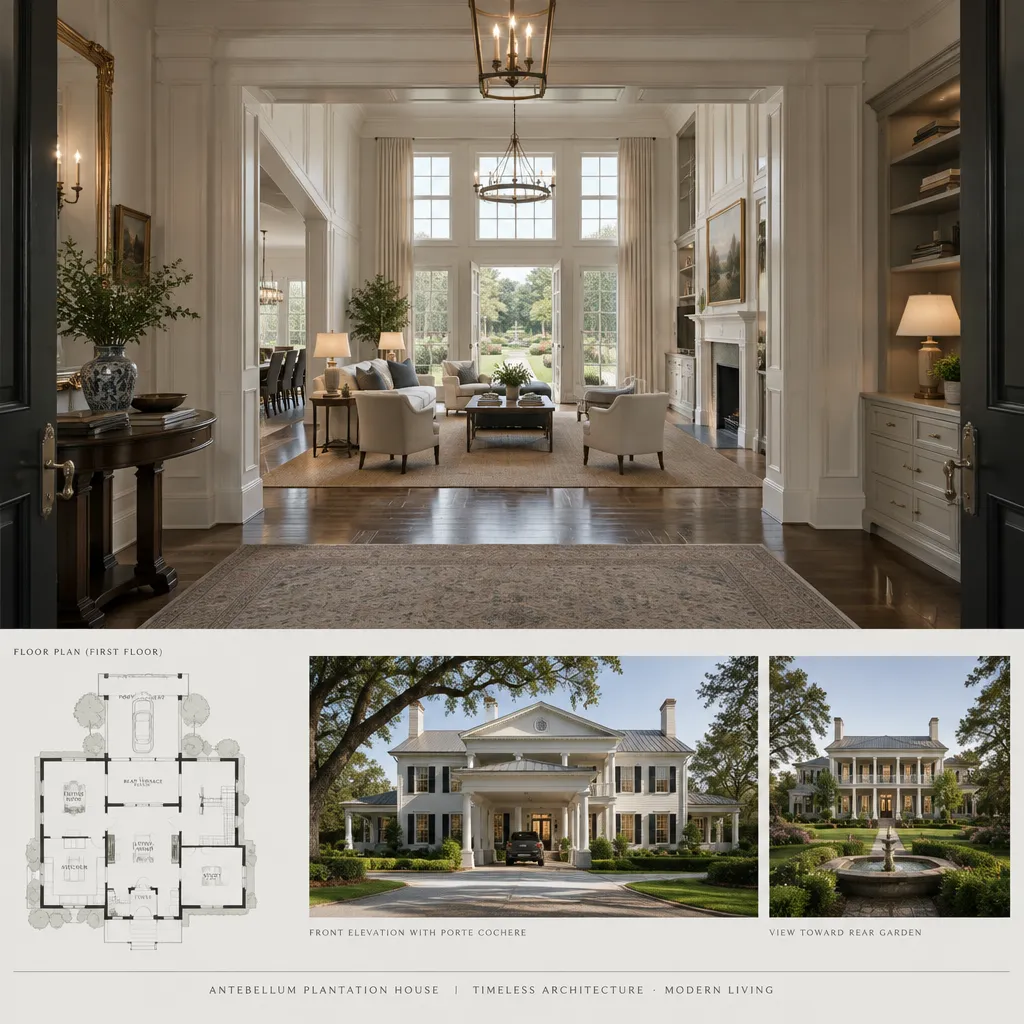 Contemporary living interior within a plantation-inspired house plan