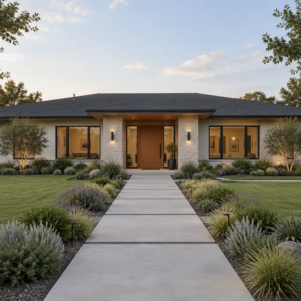 Contemporary ranch house entry with wood door modern lighting and structured landscaping