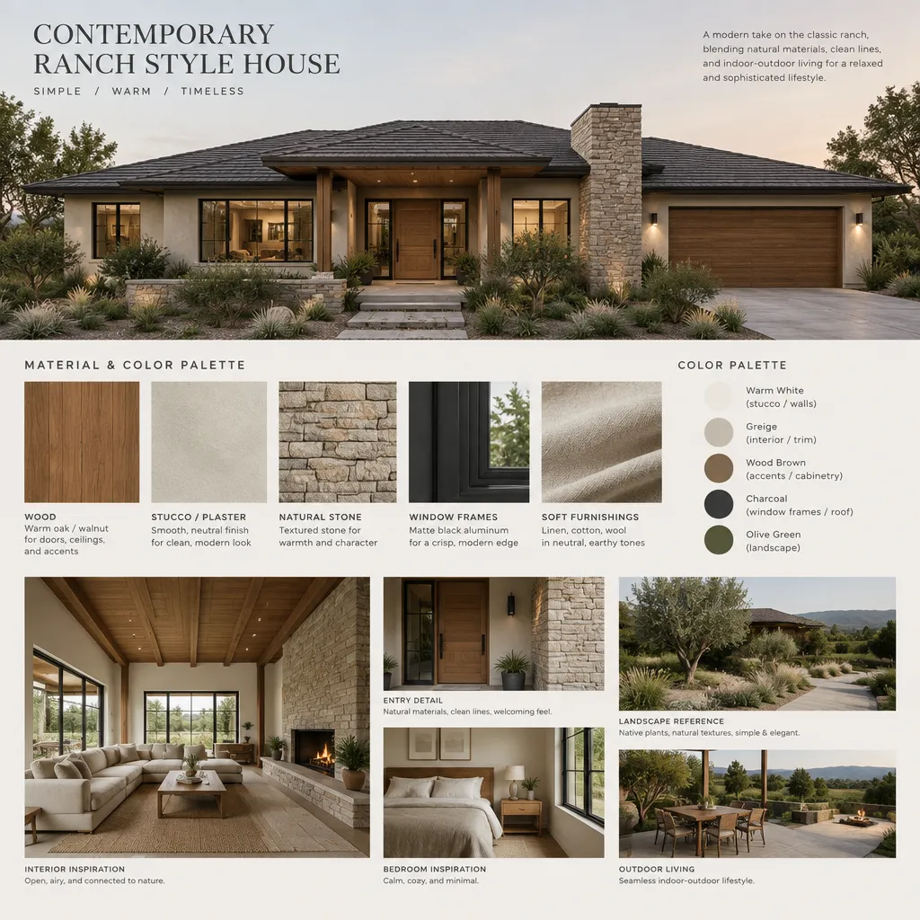 Contemporary ranch house material and color mood board with warm neutral finishes