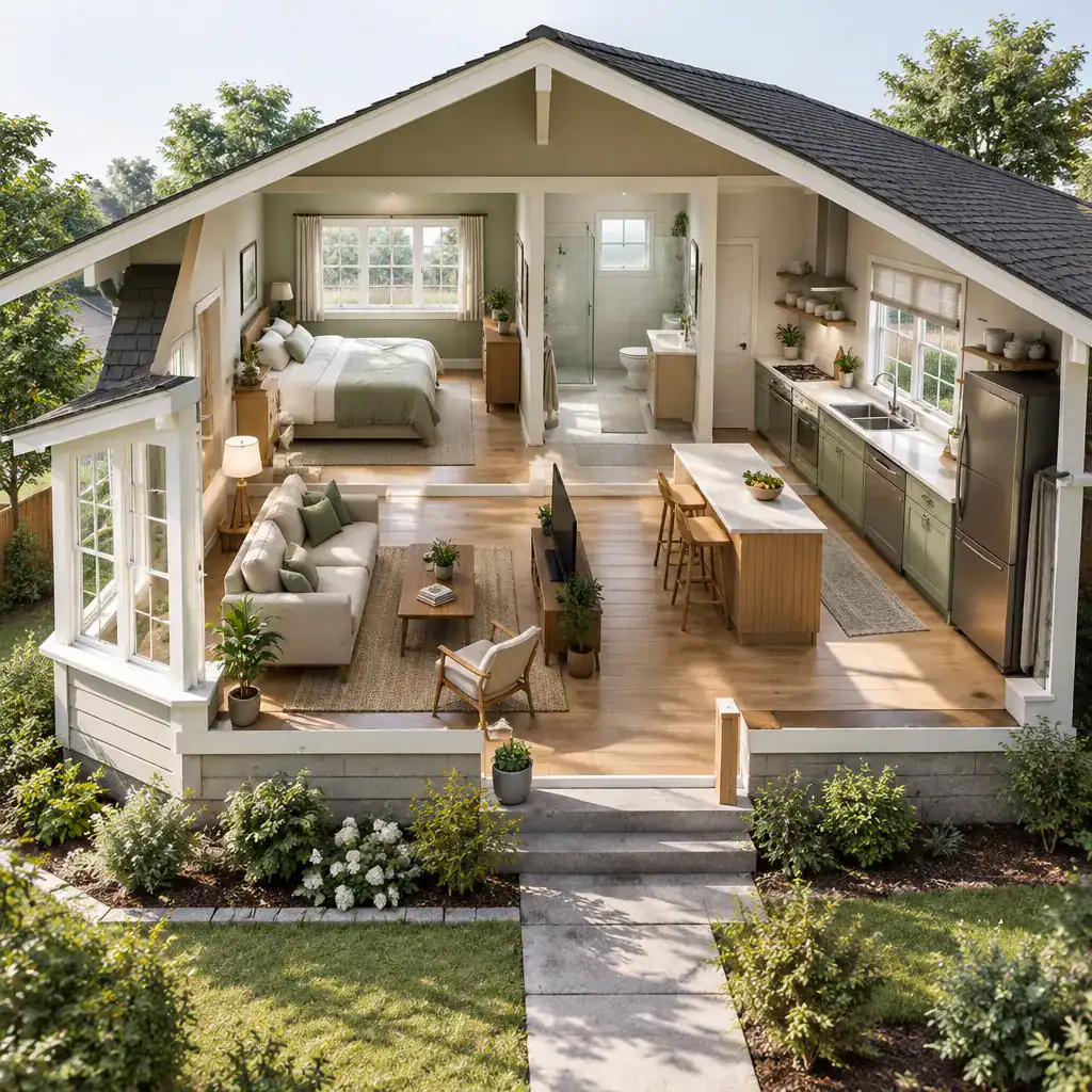 Coordinated bungalow windows across different interior rooms