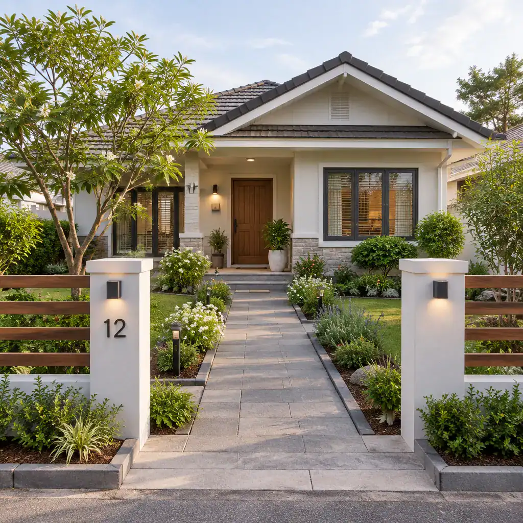 Coordinated path and low boundary at a bungalow entrance