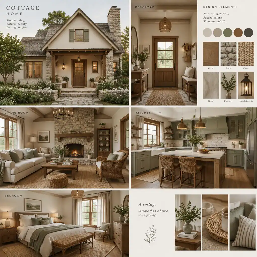 Cottage Exterior And Interior Design Details Coordinated By Color And Texture