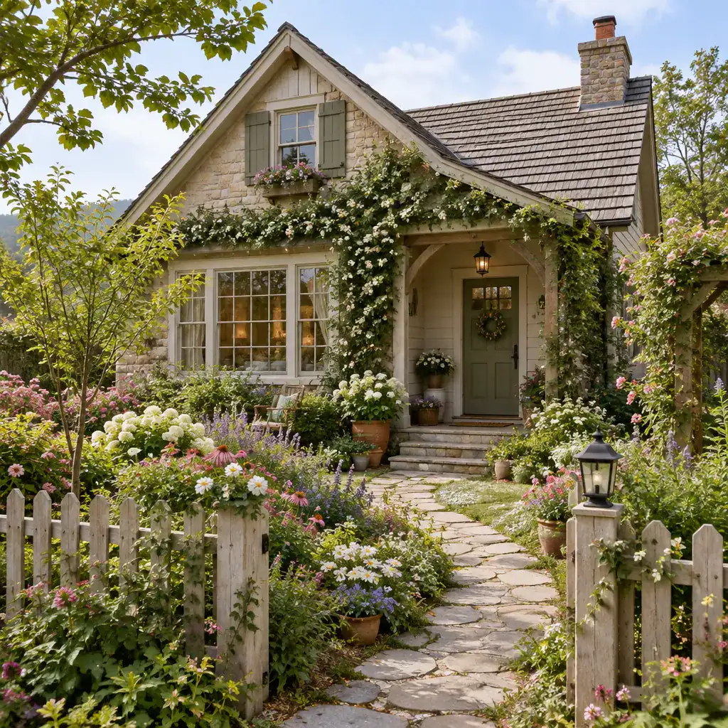 Cottage Exterior Surrounded By A Layered Informal Garden