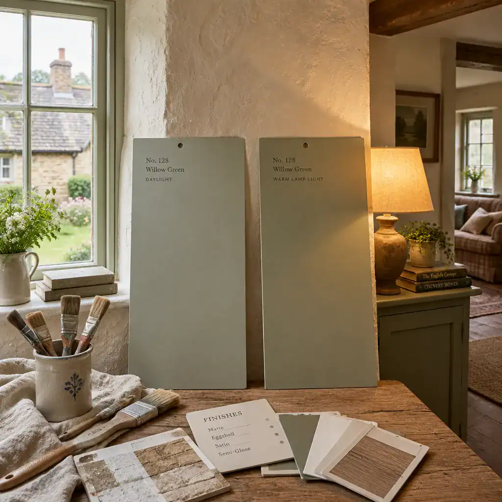 Cottage interior paint samples compared in daylight and warm evening light