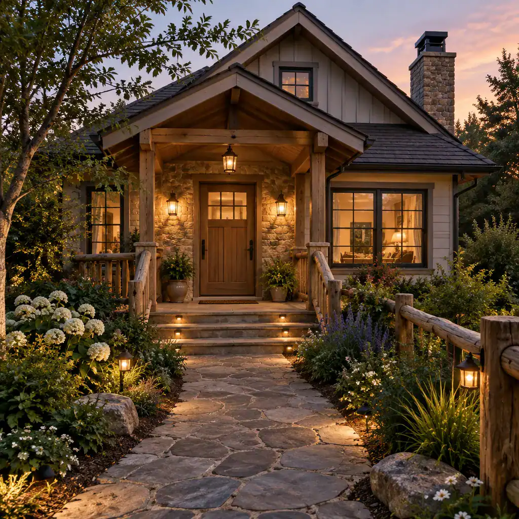 Cottage Porch Pathway And Warm Exterior Lighting