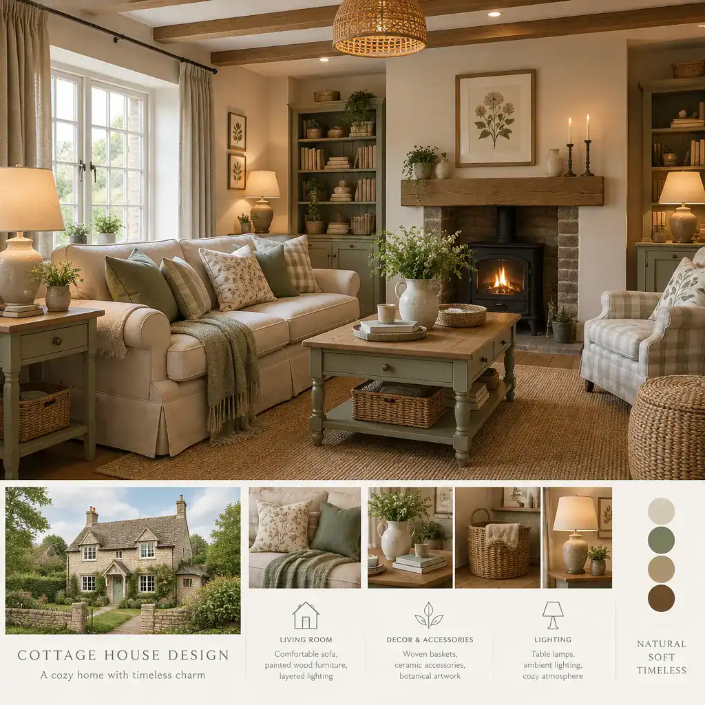 Cottage Sitting Room With Layered Lighting And Textured Decor