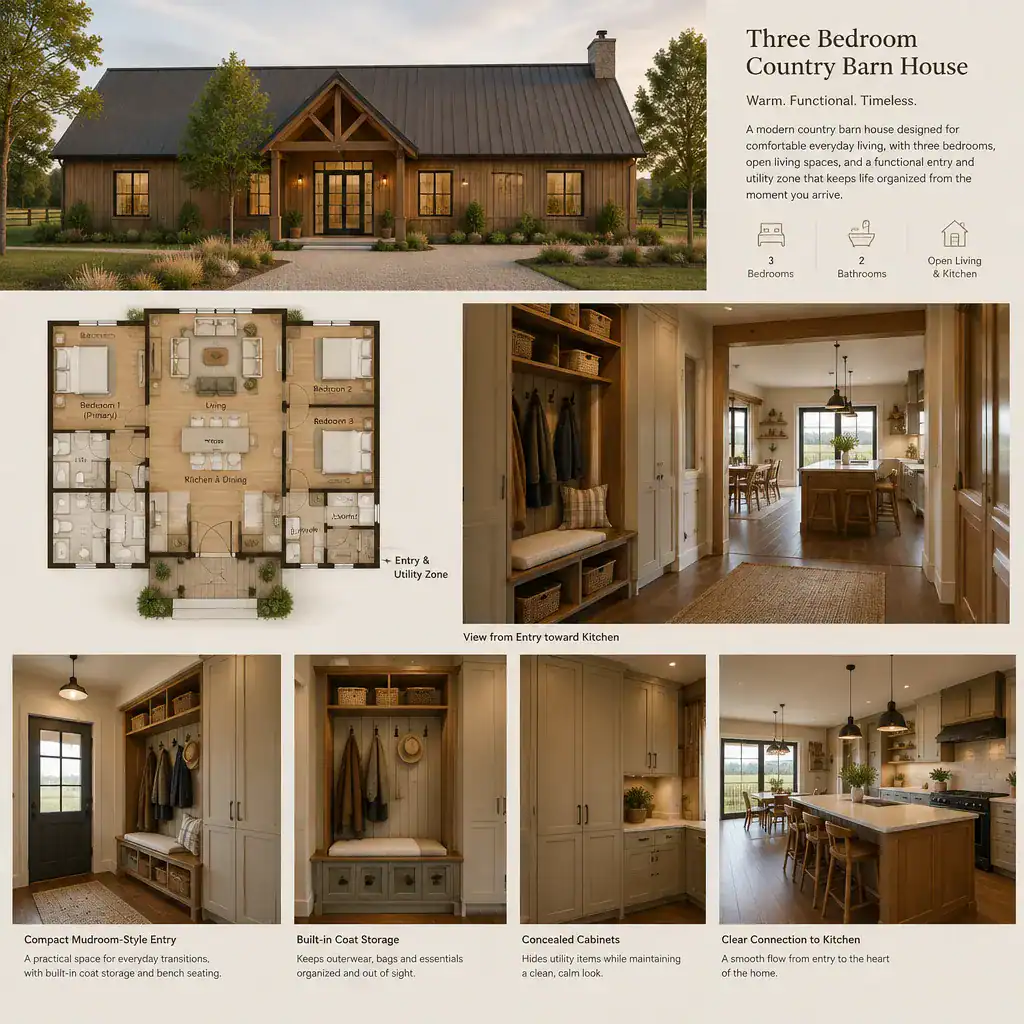 Country barn house entry storage and utility zone