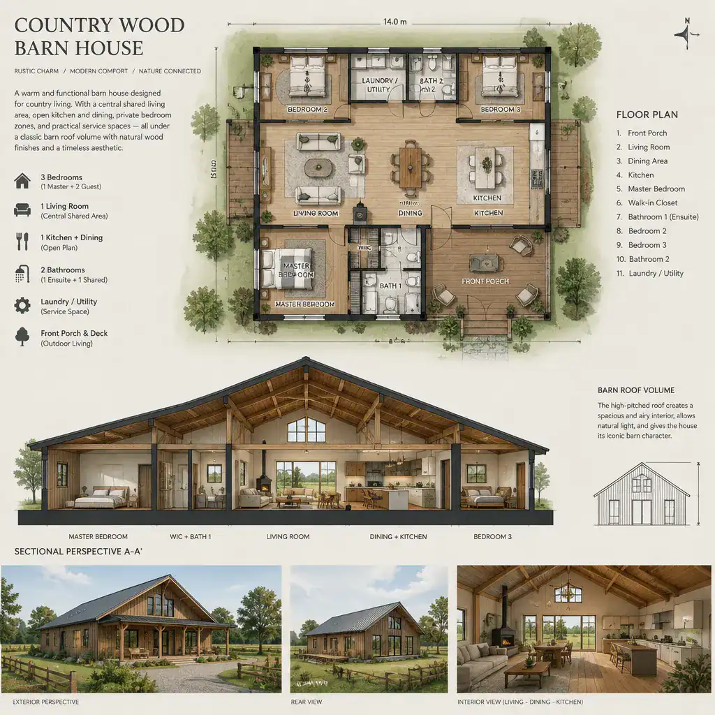 Country barn house floor plan concept