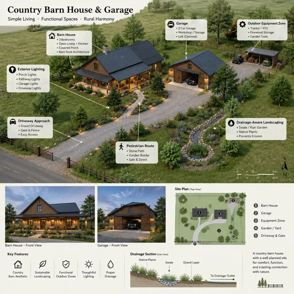 Country barn house garage site plan with driveway and pedestrian access