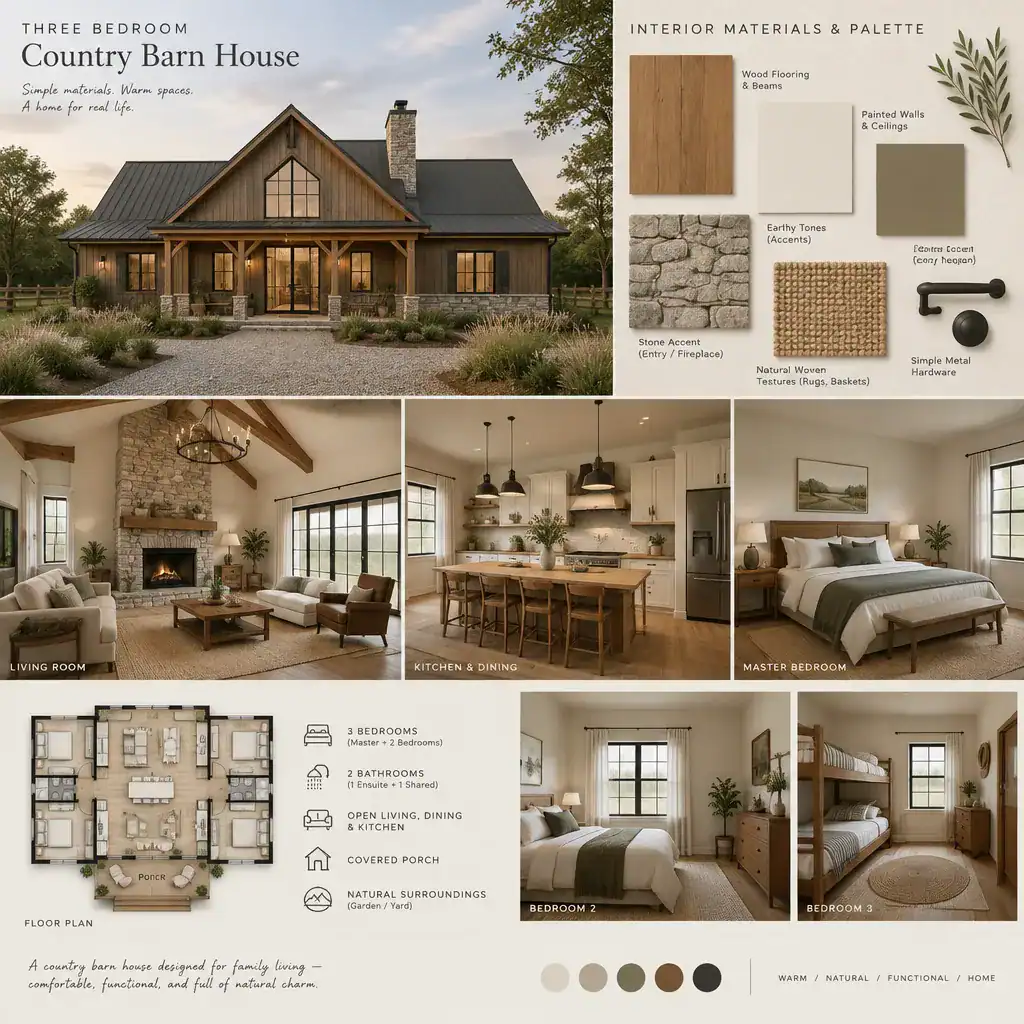 Country barn house interior material palette