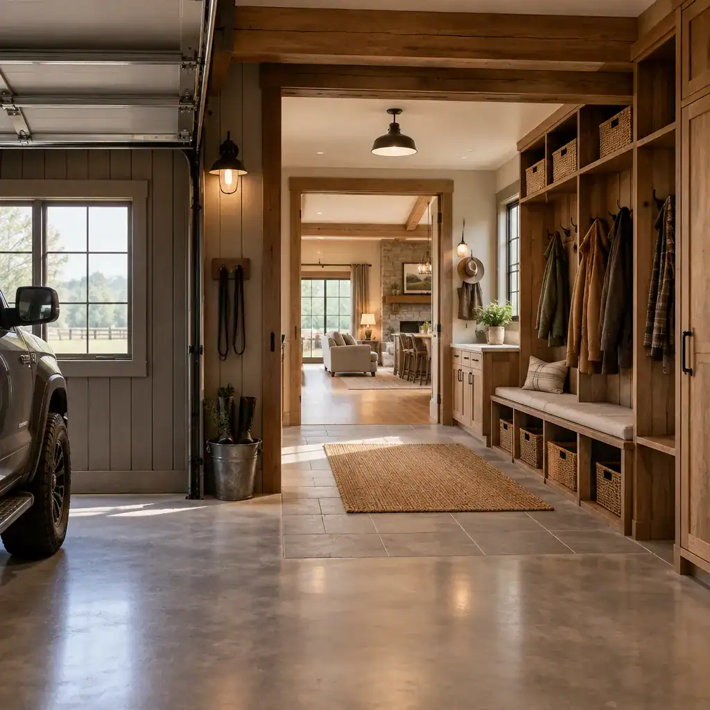 Country barn house mudroom connecting the garage to the home