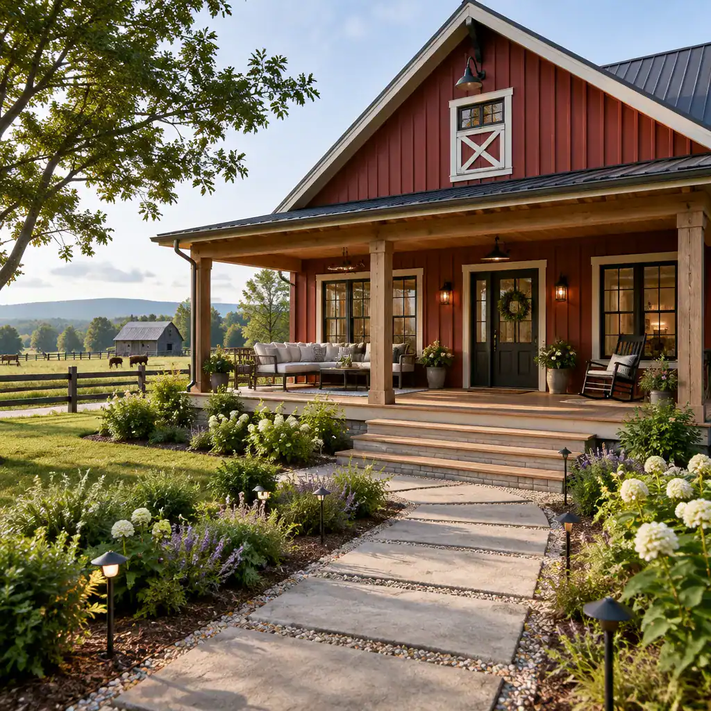 Country barn house porch connected to a landscaped walkway