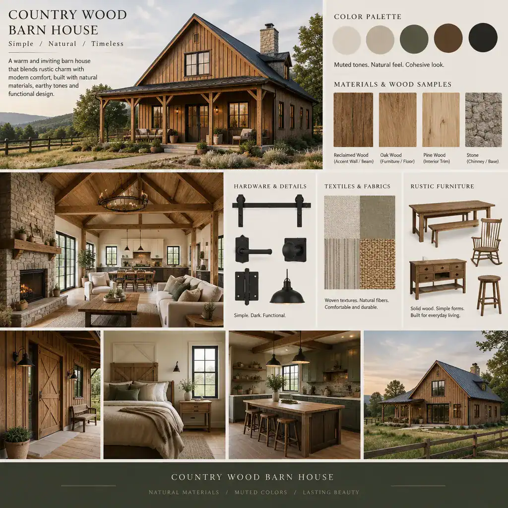 Country wood barn house material palette