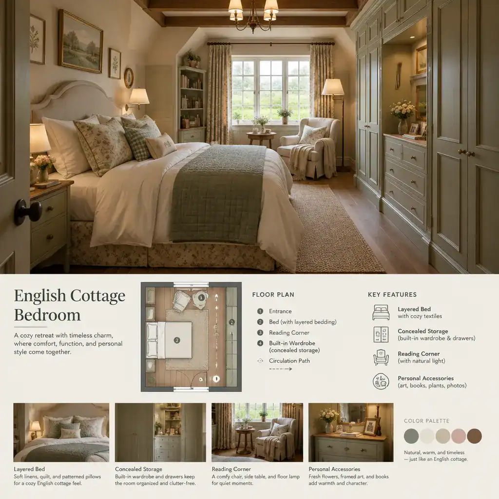 Cozy and practical English cottage bedroom with organized decor
