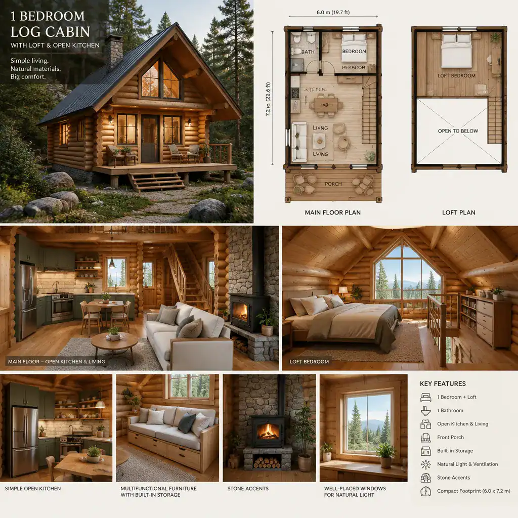 Cozy log cabin interior with open kitchen and loft