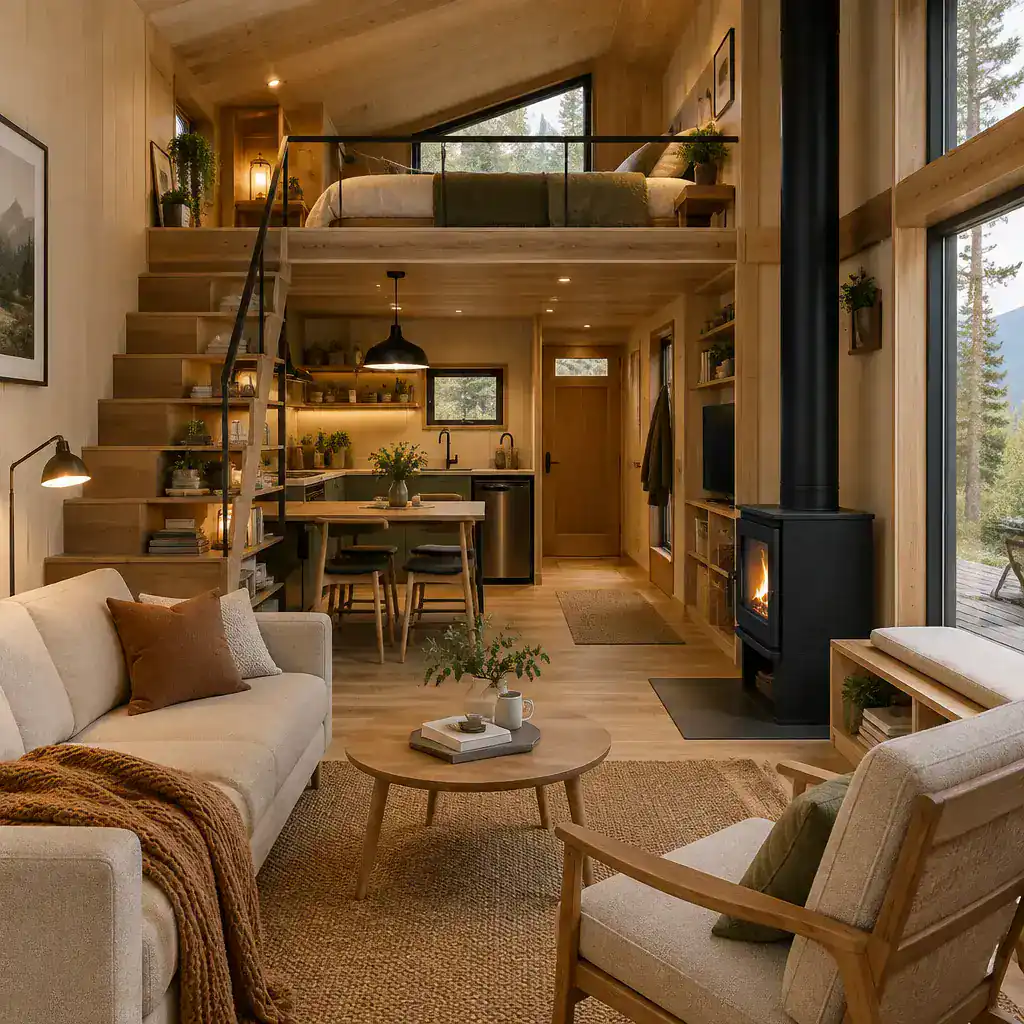 Cozy Small Contemporary Cabin Interior With Built In Storage And Layered Lighting