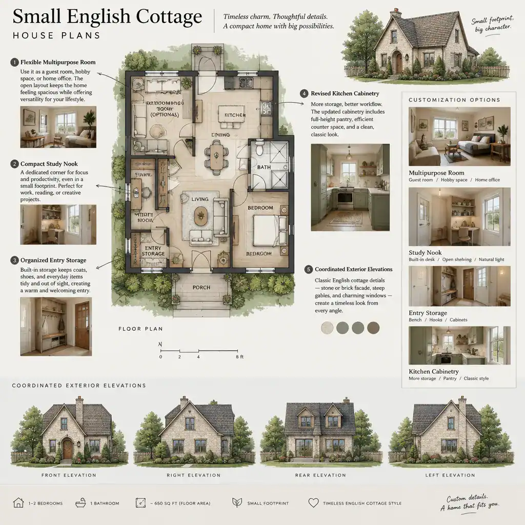 Customized small English cottage house plan with flexible spaces