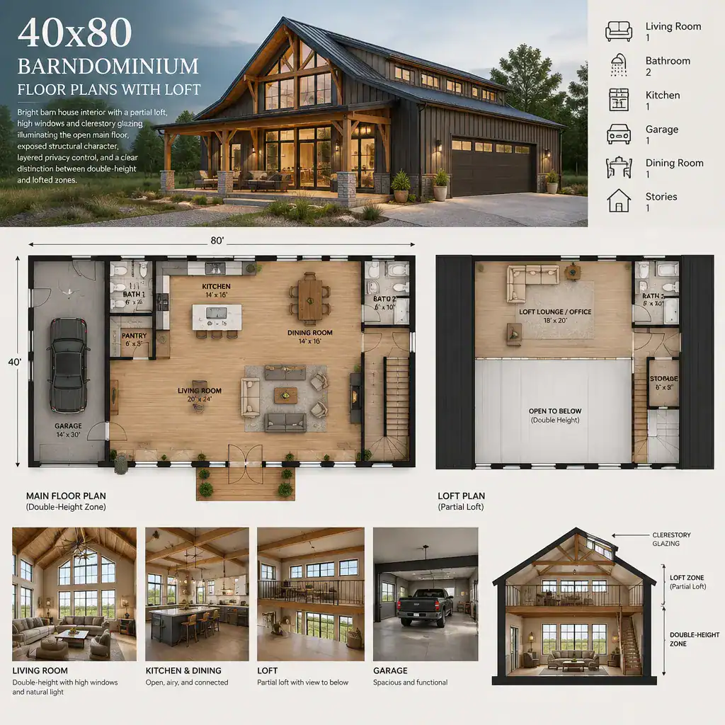 Daylit Barndominium Interior With Loft And High Windows