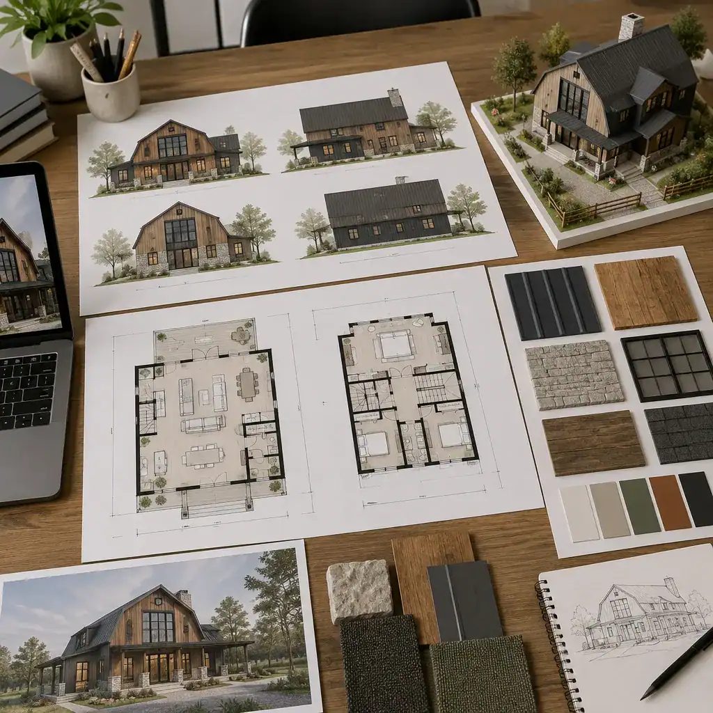 Design review board for an eclectic two-story barn house concept