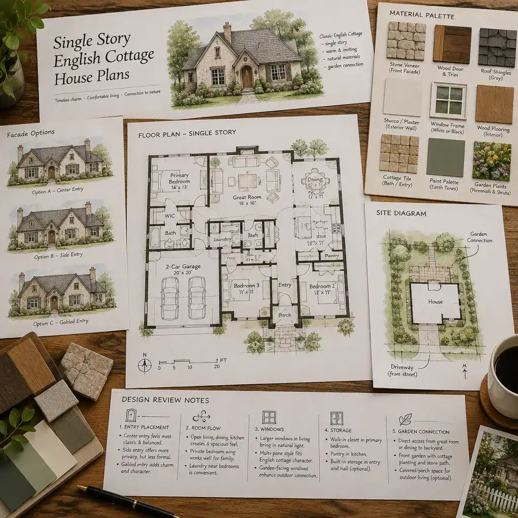 Design review of a single-story English cottage house plan and material palette