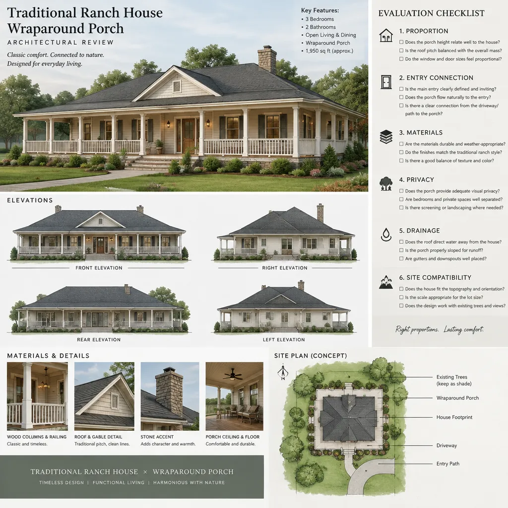 Design review checklist for a traditional ranch house wraparound porch