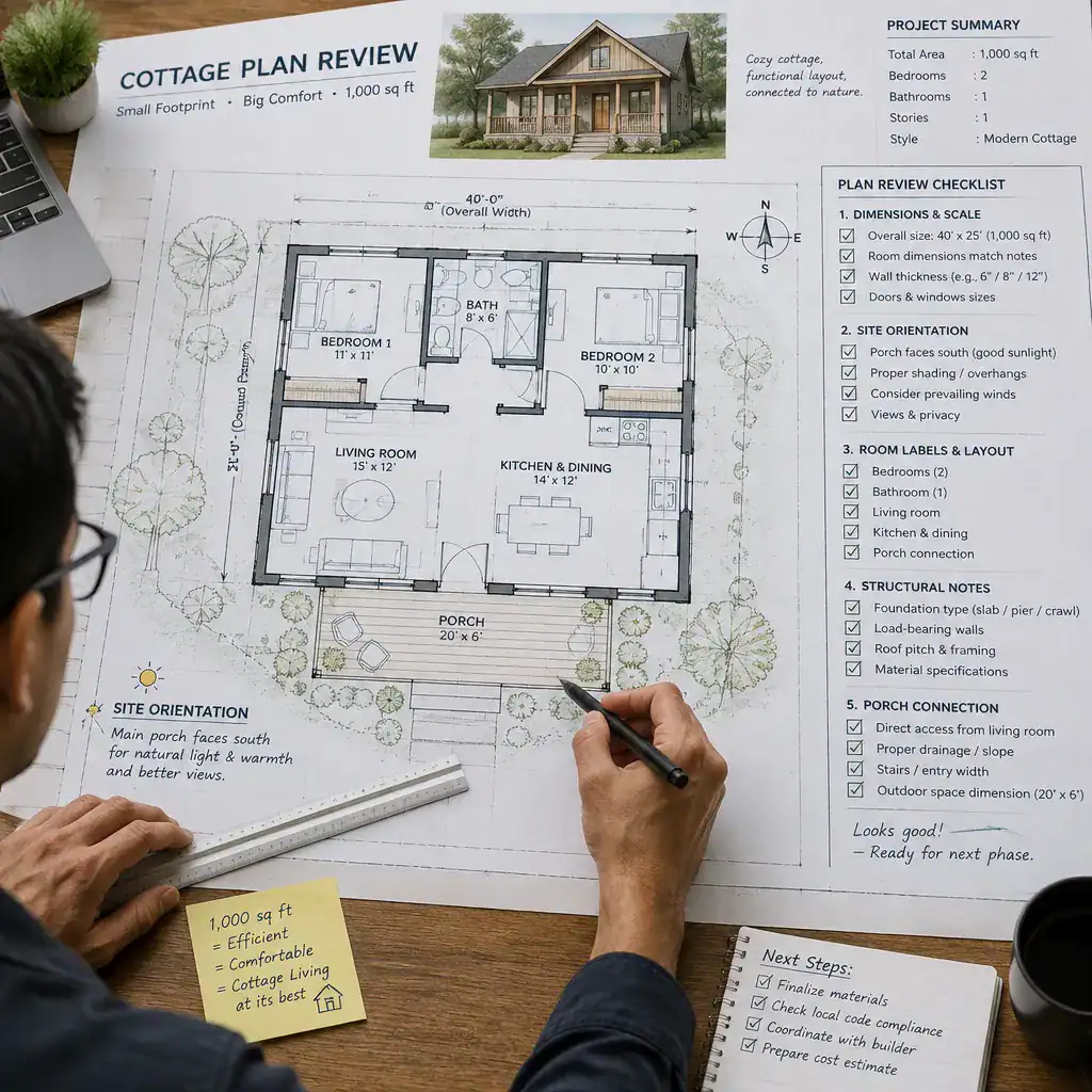Designer reviewing a cottage house plan checklist