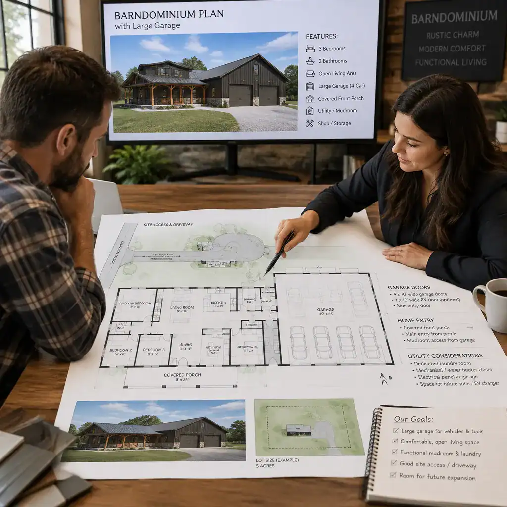 Designer reviewing a large garage barndominium plan