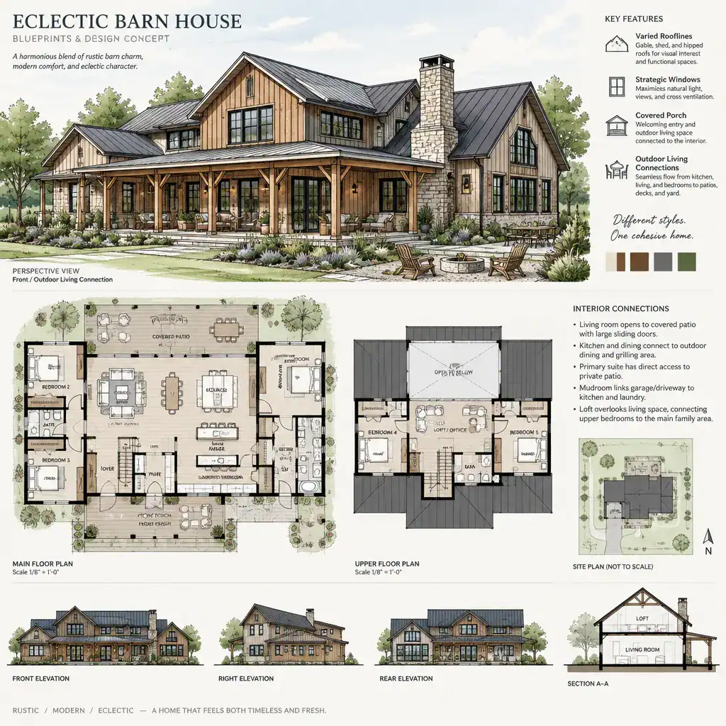 Eclectic barn house exterior with coordinated rooflines and windows
