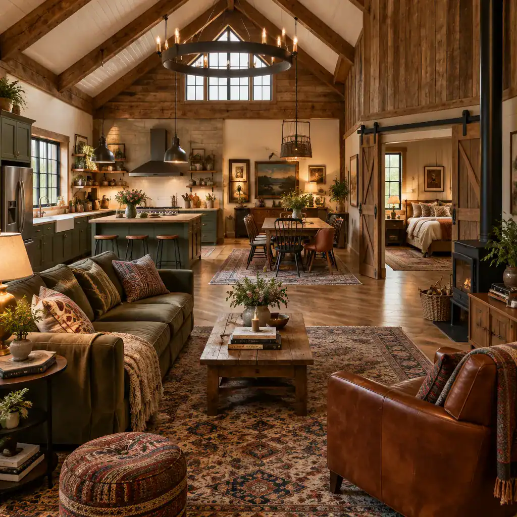 Eclectic barn house interior across living, kitchen, dining, and bedroom areas