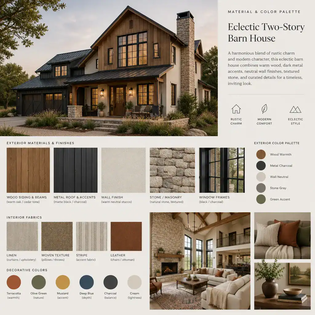Eclectic barn house material and color palette with coordinated textures