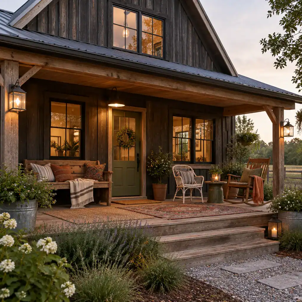 Eclectic furniture and lighting on a barn house porch