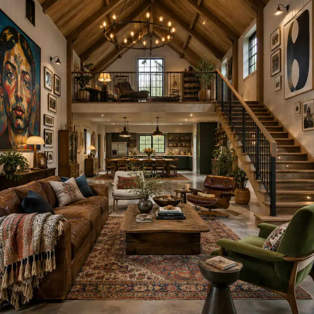 Eclectic two-story barn house living room with layered furnishings