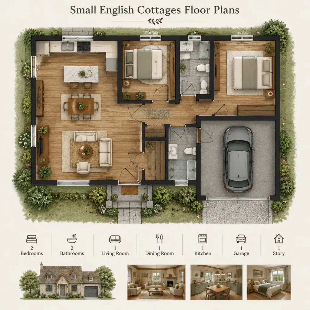 Efficient room arrangement in a small English cottage floor plan