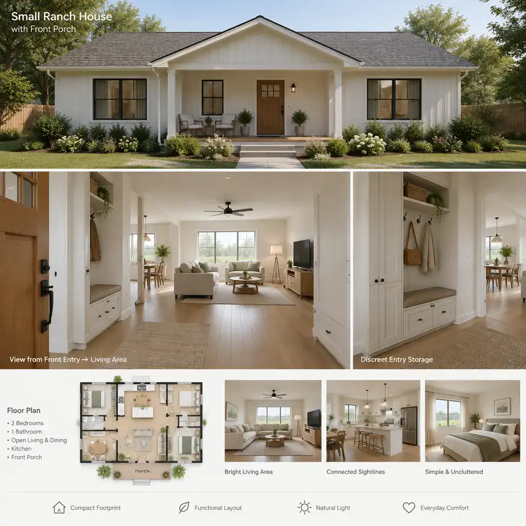 Efficient single-story ranch house entry connected to the living area