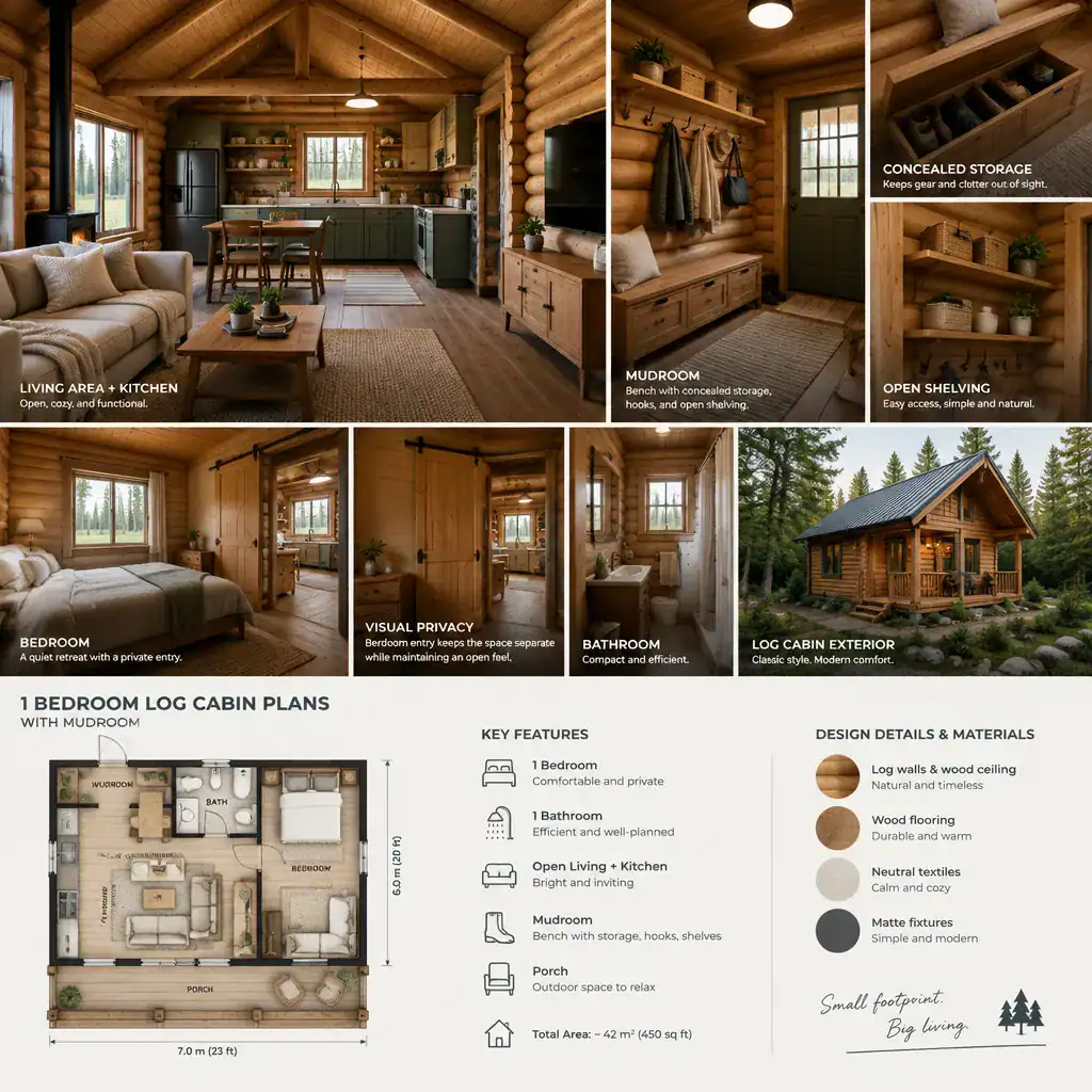 Efficient storage and living arrangement in a small log cabin