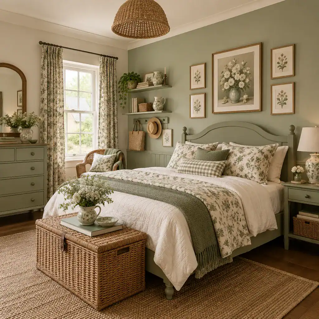 English cottage bedroom with soft green walls and coordinated natural materials