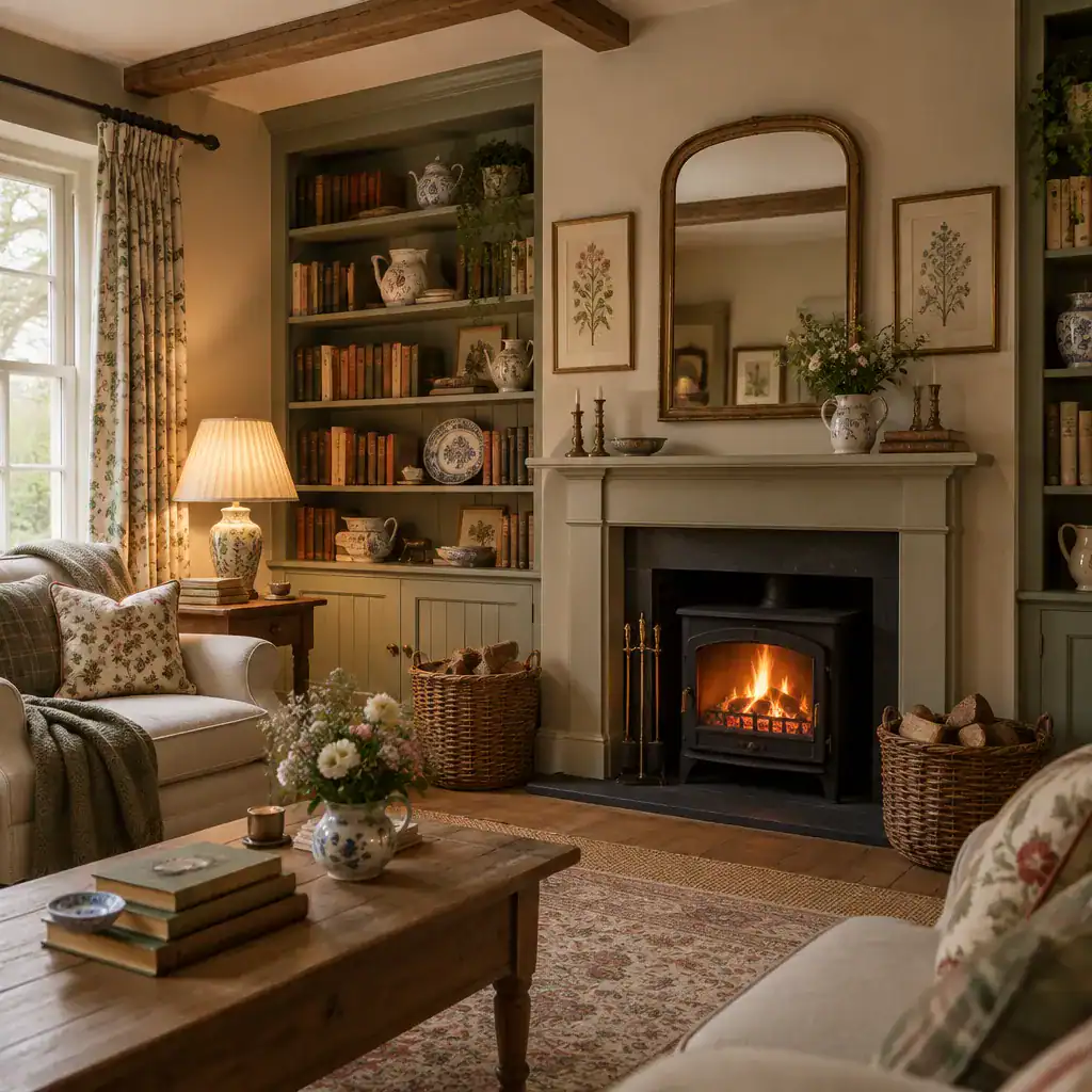 English cottage living room fireplace with layered accessories
