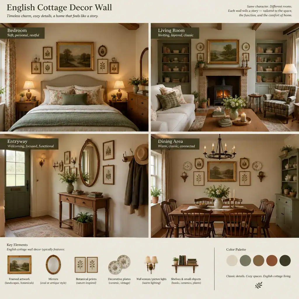 English cottage wall decor styled across bedroom, living room, entryway, and dining area