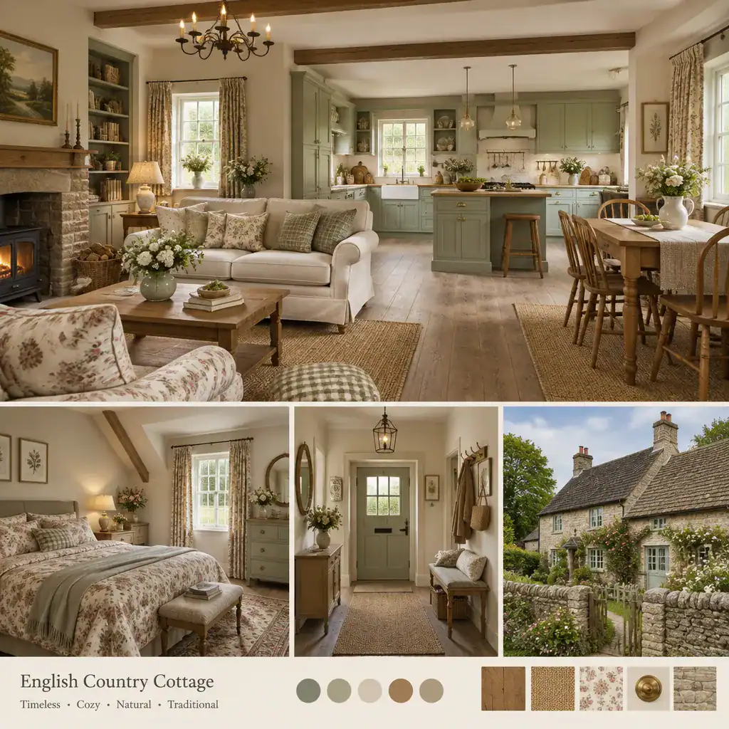English country cottage style used across living room kitchen and bedroom